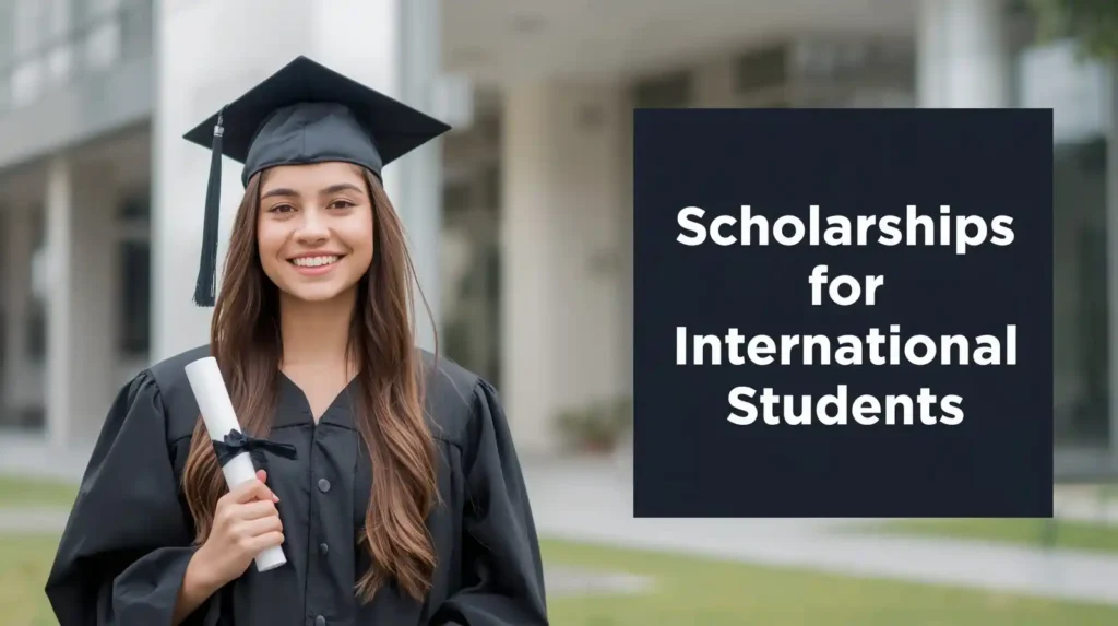 International students holding books and scholarship letters standing near a university campus.