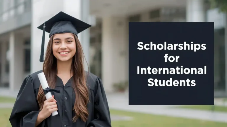 International students holding books and scholarship letters standing near a university campus.